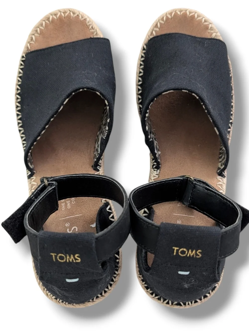 Toms Marisol Black Espadrille Wedge Sandals with Ankle Strap, Size 6